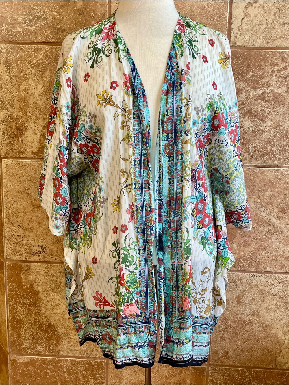 A & A Clothing Inc Floral Print Kimono Jacket - White Multicolor- NWT, Sz 2X